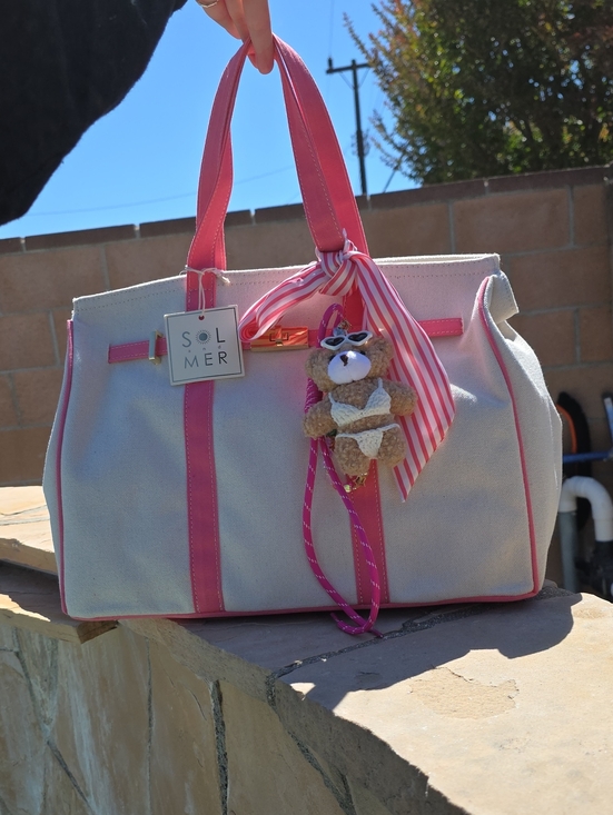 Sol And Mer Handbags - Super Cute Pink-Trim Canvas Tote Bag with Bear Charm